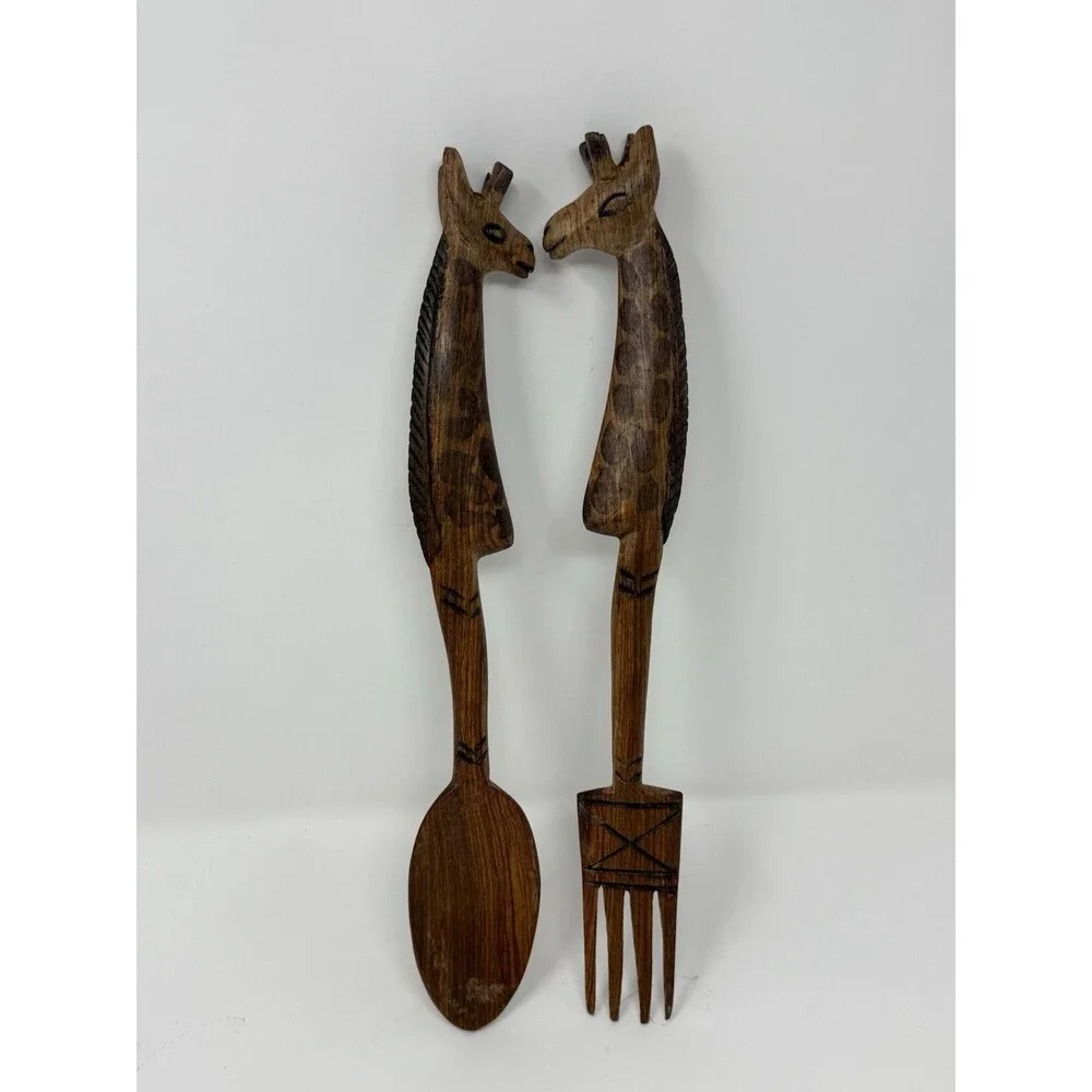 5pc Wood Serving Set 12in Bowl Spoon Fork Carved Giraffe Handles African